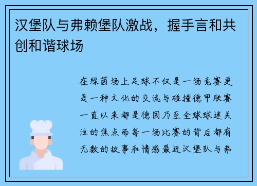 汉堡队与弗赖堡队激战，握手言和共创和谐球场