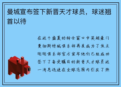 曼城宣布签下新晋天才球员，球迷翘首以待