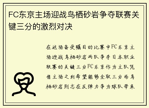 FC东京主场迎战鸟栖砂岩争夺联赛关键三分的激烈对决